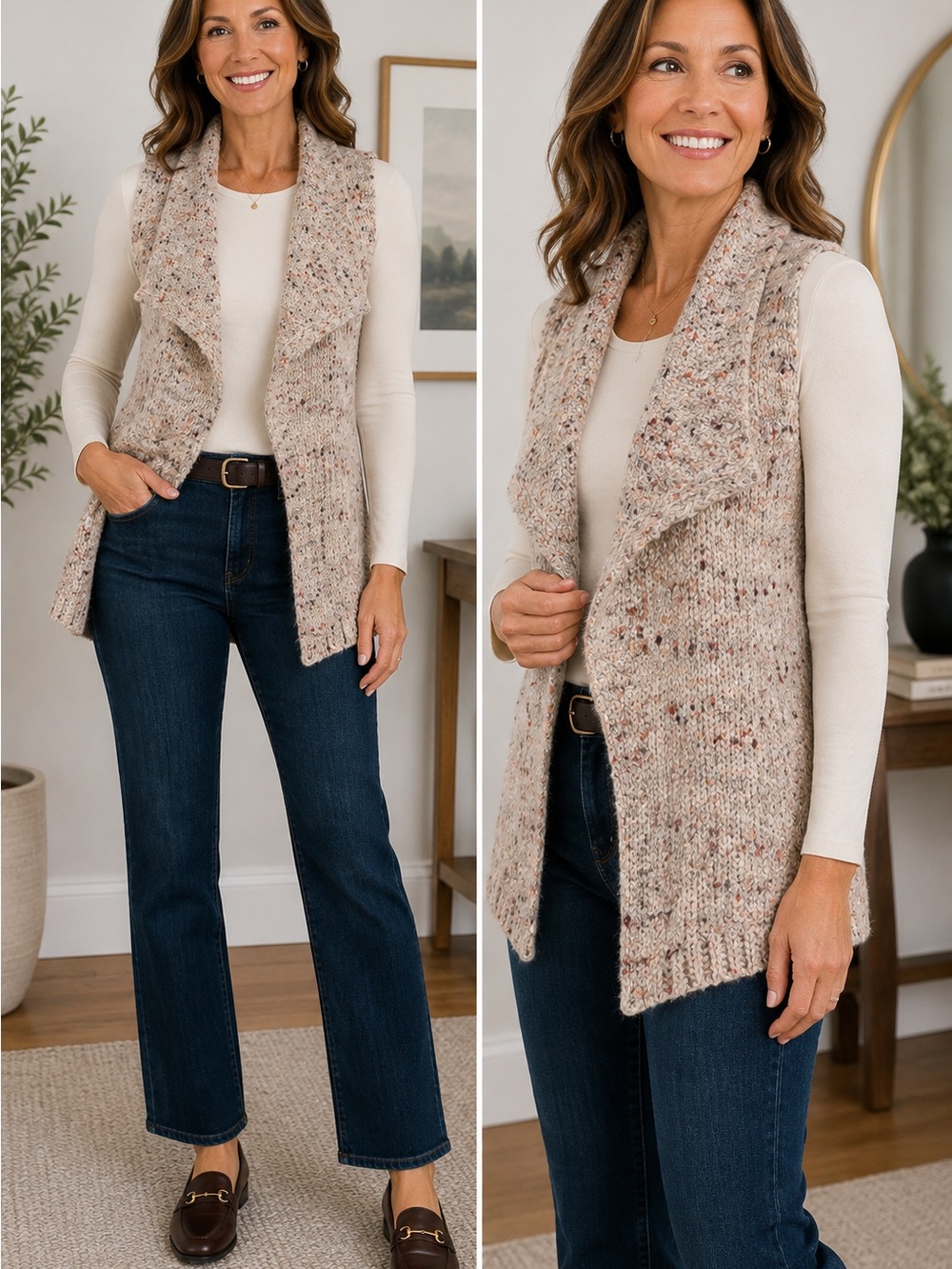 LOFT Outlet Petite Size SP Speckled Knit Sweater Vest Open Front Draped Cardigan